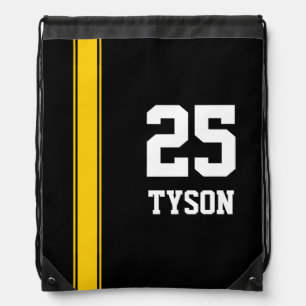 Black & Gold Team Colors Monogram Drawstring Bag