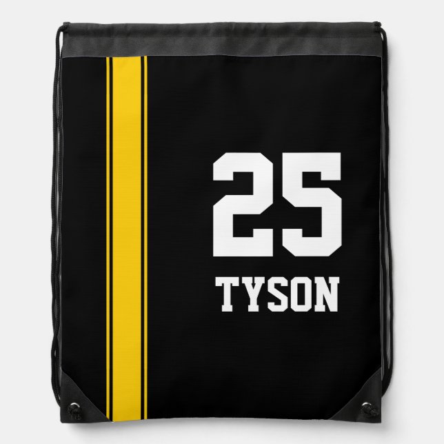 Black & Gold Team Colors Monogram Drawstring Bag (Front)