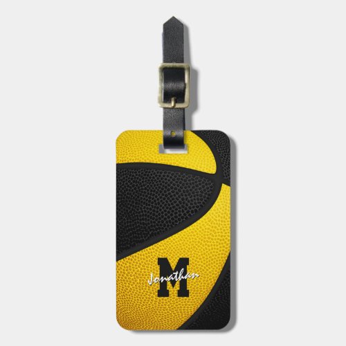 black gold team colors monogrammed basketball luggage tag