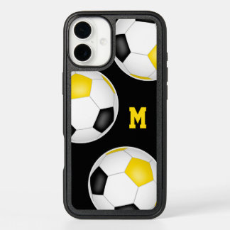 black gold team colors soccer balls monogrammed iPhone 16 plus case