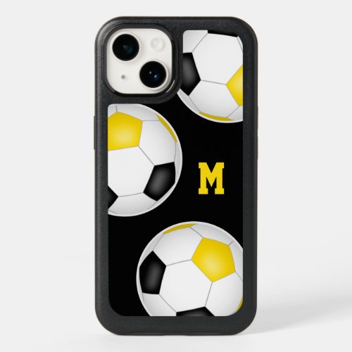 black gold team colors soccer balls monogrammed OtterBox iPhone 14 case