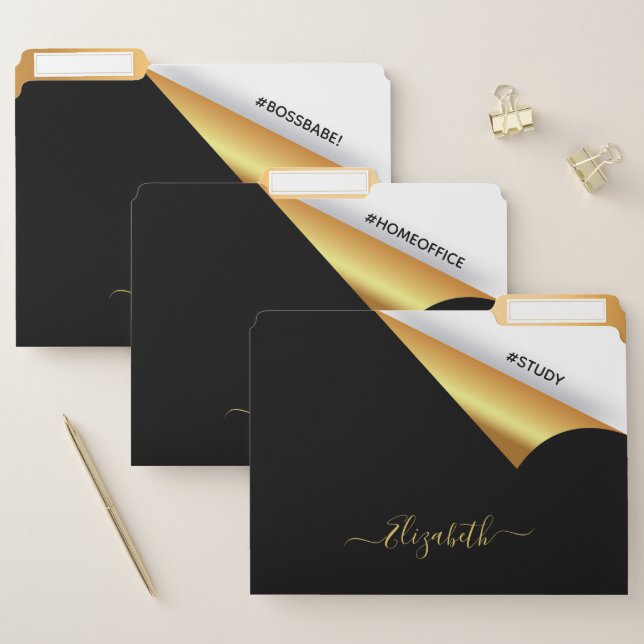 Black gold tear away elegant modern name file folder (Set)