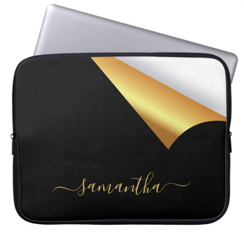Black gold tear away modern elegant monogram laptop sleeve