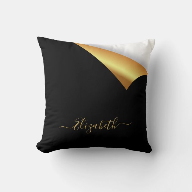 Black gold tear away modern elegant name throw pillow (Front)