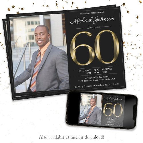  Black Gold Text Classy Photo 60th Birthday Party Invitation