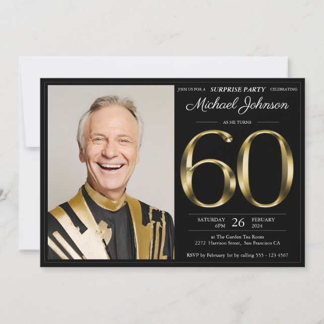 Black Gold Text Photo Surprise 60th Birthday Party Invitation (Front)