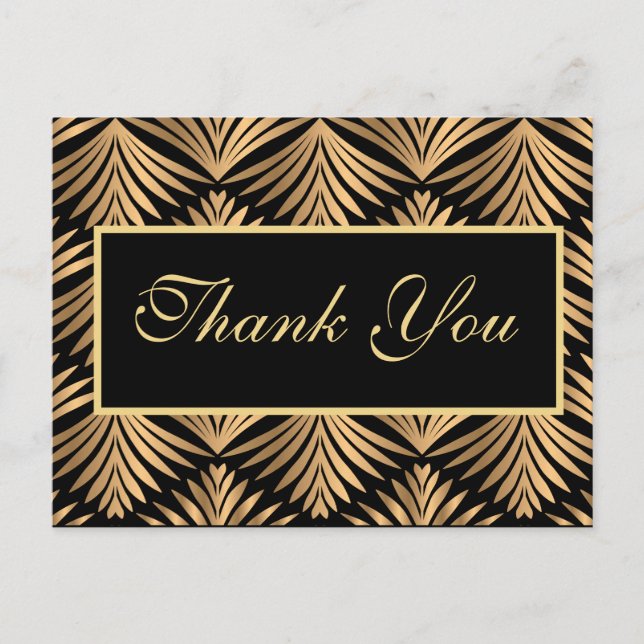 Black Gold Thank You Gatsby Black Art Deco Wedding Postcard (Front)