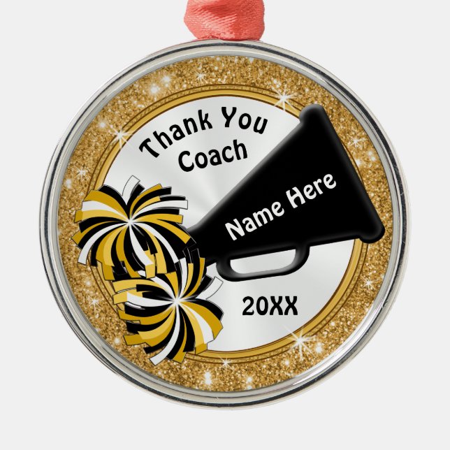Black, Gold Thank You Gift for Cheer Coach, Cheer Metal Ornament (Front)