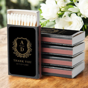 Black Gold Thank You Monogram Wedding Floral Crest Matchboxes