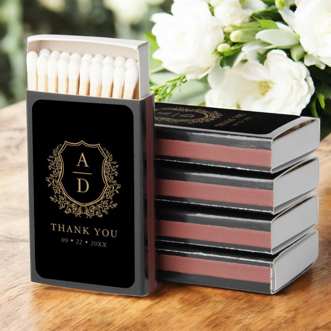 Black Gold Thank You Monogram Wedding Floral Crest Matchboxes (Creator Uploaded)