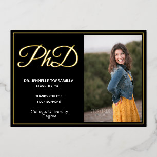 Black Gold Thank You Photo PhD Graduation Foil Invitation