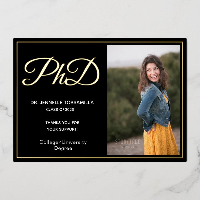 Black Gold Thank You Photo PhD Graduation  Foil Invitation (Front)
