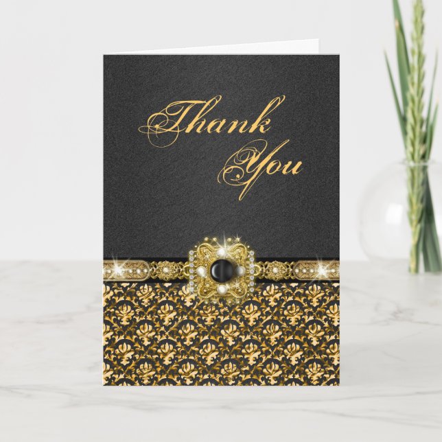 Black gold "thank you" wedding damask thank you card (Front)