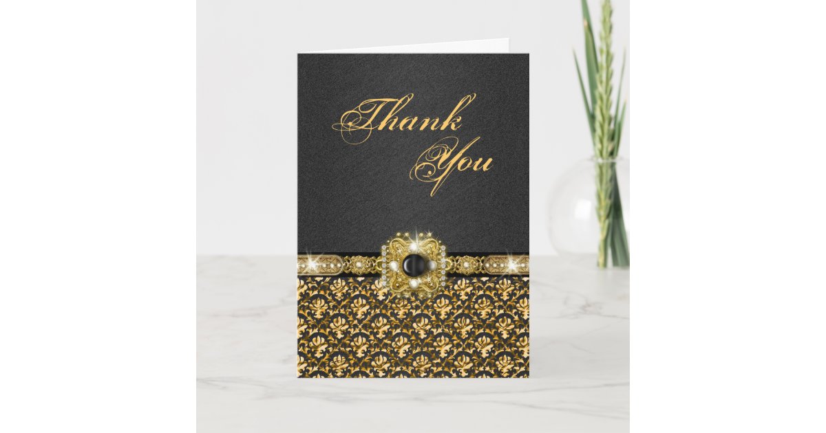 Black gold "thank you" wedding damask thank you card | Zazzle