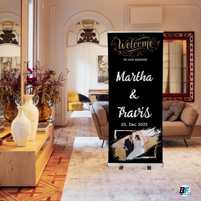 Black & Gold Themed With Photo Wedding Classic Retractable Banner (For You)