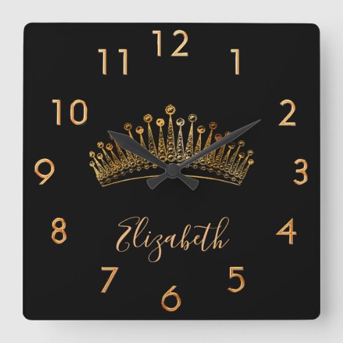 Black gold tiara crown name elegant square wall clock