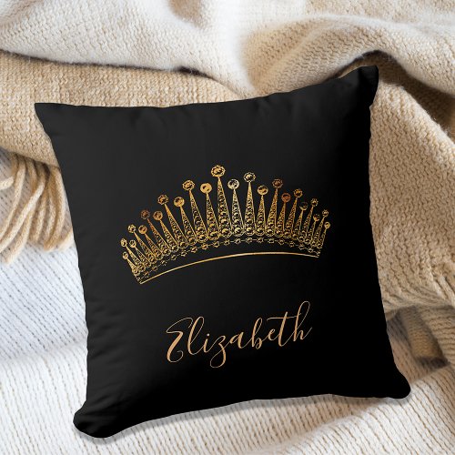 Black gold tiara crown name elegant throw pillow