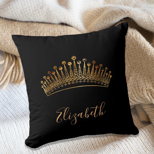 Black gold tiara crown name elegant throw pillow (Creator Uploaded)