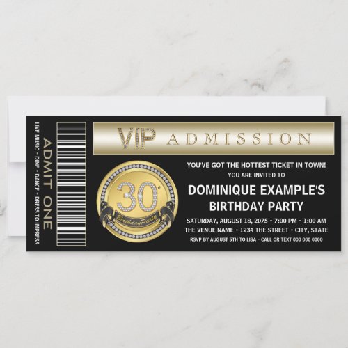 Black Gold Ticket 30th Birthday Party Invitations