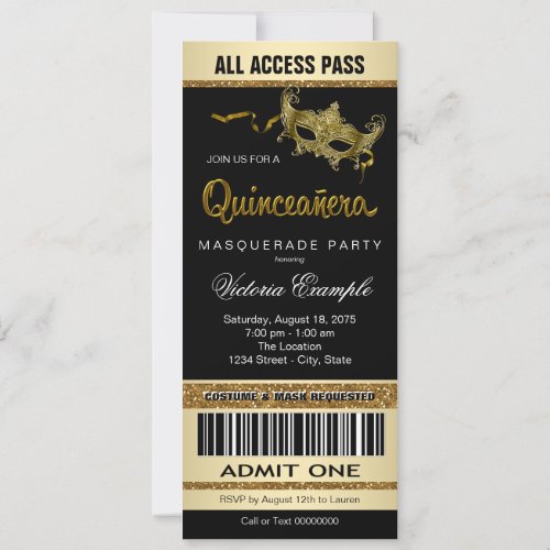 Black Gold Ticket Quinceanera Masquerade Party Invitation