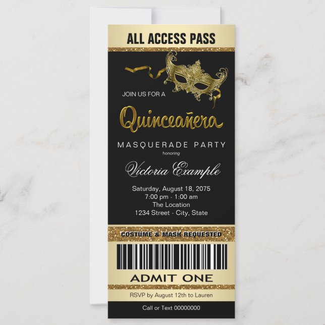 Black Gold Ticket Quinceanera Masquerade Party Invitation (Front)