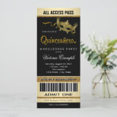 Black Gold Ticket Quinceanera Masquerade Party Invitation (Standing Front)