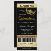Black Gold Ticket Quinceanera Masquerade Party Invitation (Front/Back)