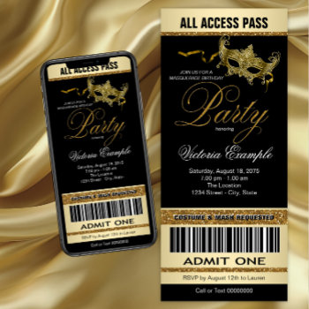 Black Gold Ticket Style Masquerade Party Invitation by Pure_Elegance at Zazzle