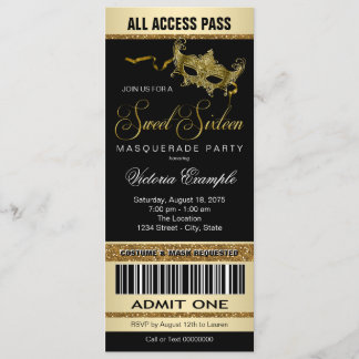 Black Gold Ticket Style Sweet 16 Masquerade Party Invitation