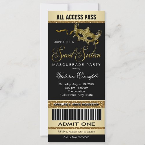 Black Gold Ticket Style Sweet 16 Masquerade Party Invitation