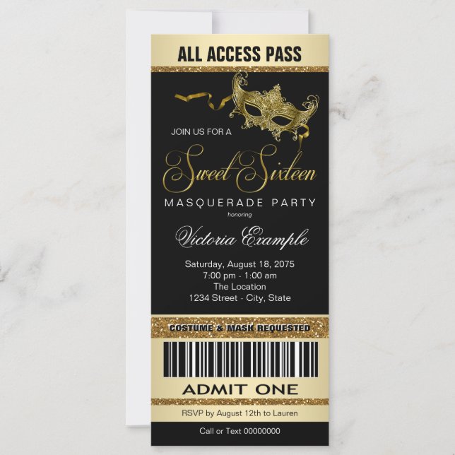 Black Gold Ticket Style Sweet 16 Masquerade Party Invitation (Front)