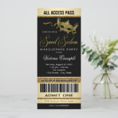 Black Gold Ticket Style Sweet 16 Masquerade Party Invitation (Standing Front)