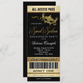 Black Gold Ticket Style Sweet 16 Masquerade Party Invitation (Front/Back)