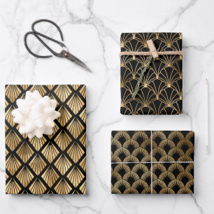 Black gold tiled party art deco wrapping paper sheets