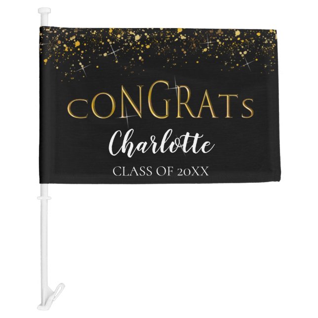 Black | Gold Tone Confetti Congrats Class of 2023 Car Flag (Front)