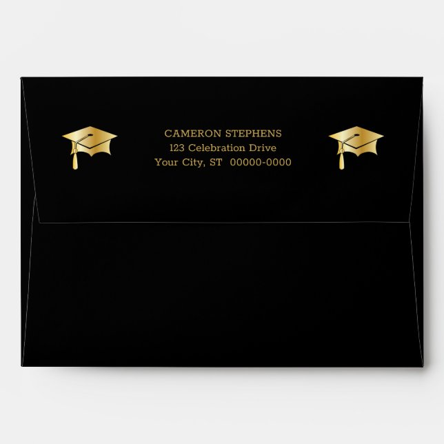 Black | Gold Tone Grad Cap GRADUATE Return Address Envelope (Back (Top Flap))