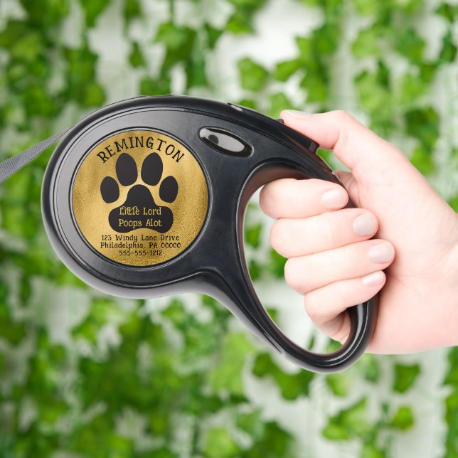 Black Gold Tone Paw Print "Little Lord Poops Alot" Retractable Pet Leash (Hand)