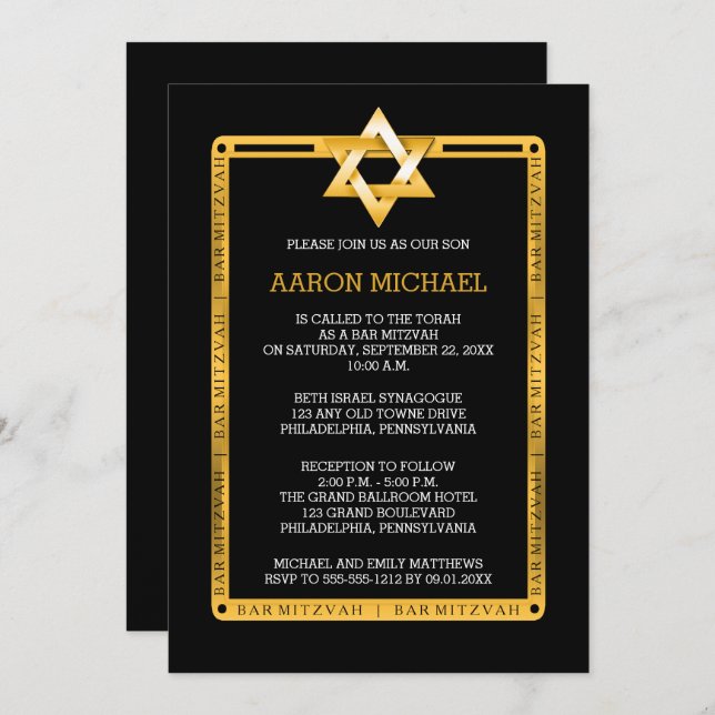 Black | Gold Tone Star of David Bar Mitzvah Invitation (Front/Back)