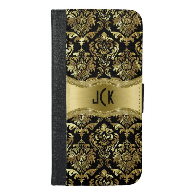 Black & Gold Tones Floral Damasks iPhone Wallet Case (Front)