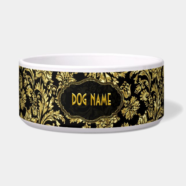 Black & Gold Tones Vintage Floral Damasks Bowl (Front)
