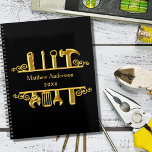 Black gold tools home repairs business 2025 planner<br><div class="desc">A black background,  with a faux gold tools. Personalize and add your name and a year.</div>