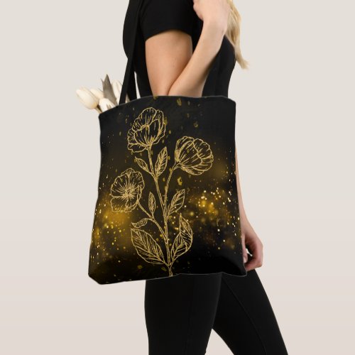 Black  Gold Tote Bag Gold Flowers