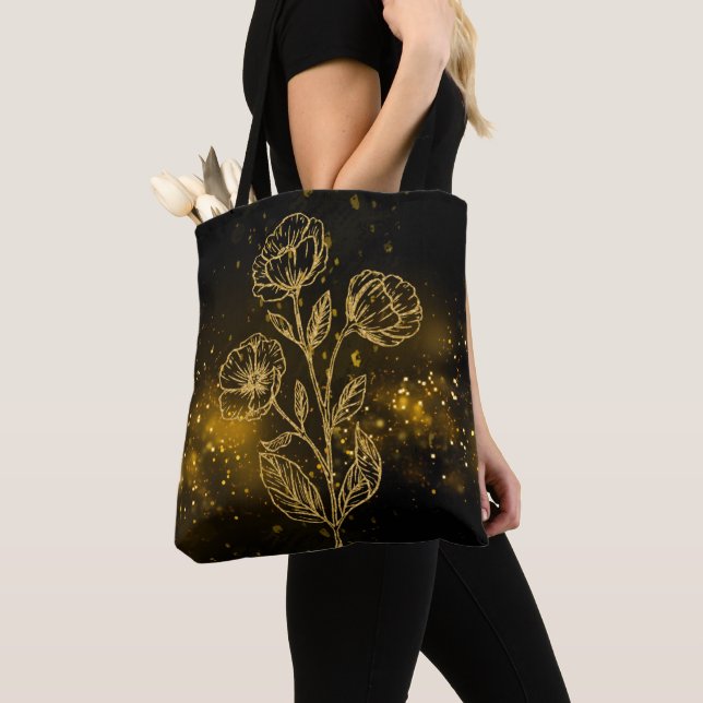 Black & Gold Tote Bag Gold Flowers (Close Up)