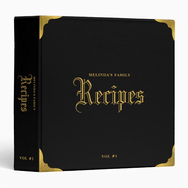 Black & Gold Traditional Family Recipe Cookbook 3 Ring Binder (Front/Spine)