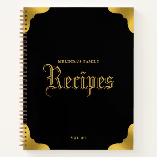 Black  Gold Traditional Family Recipe Cookbook Notebook