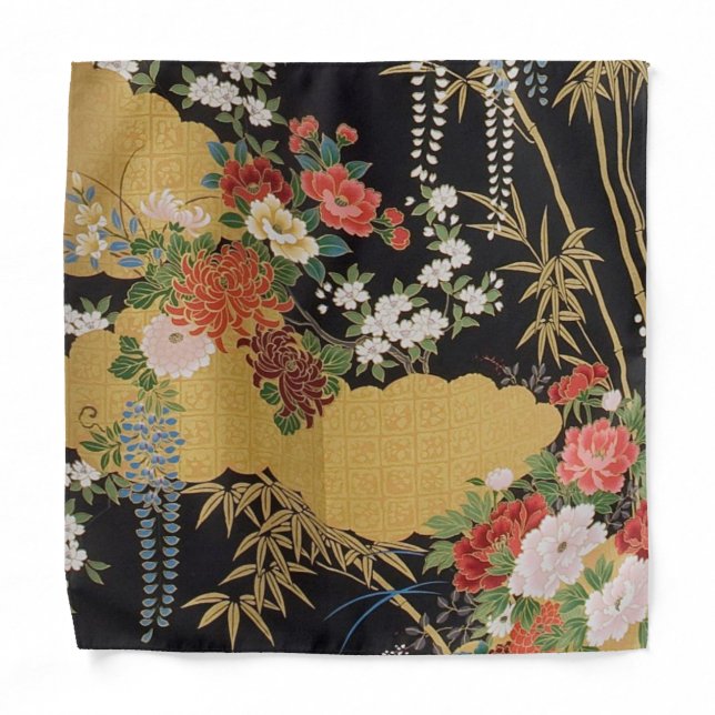 Black Gold Traditional Japanese Kimono Floral   Bandana (Front)