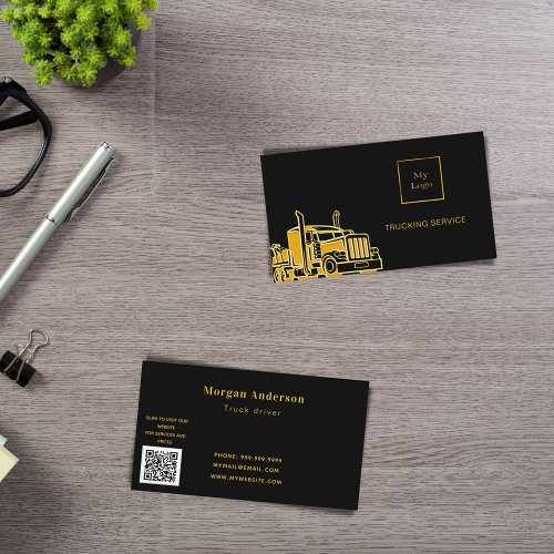 Black gold transport trucking service QR code Business Card