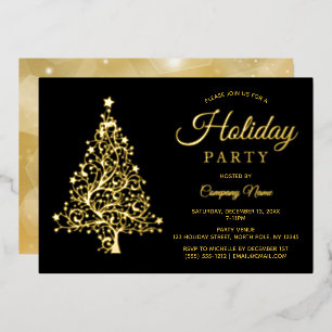 Black Gold Tree Corporate Holiday Party Foil Invitation