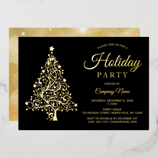 Black Gold Tree Corporate Holiday Party Foil Invitation (Front/Back)