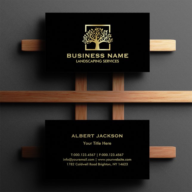 Black Gold Tree Logo Landscaping Business Card (Creator Uploaded)